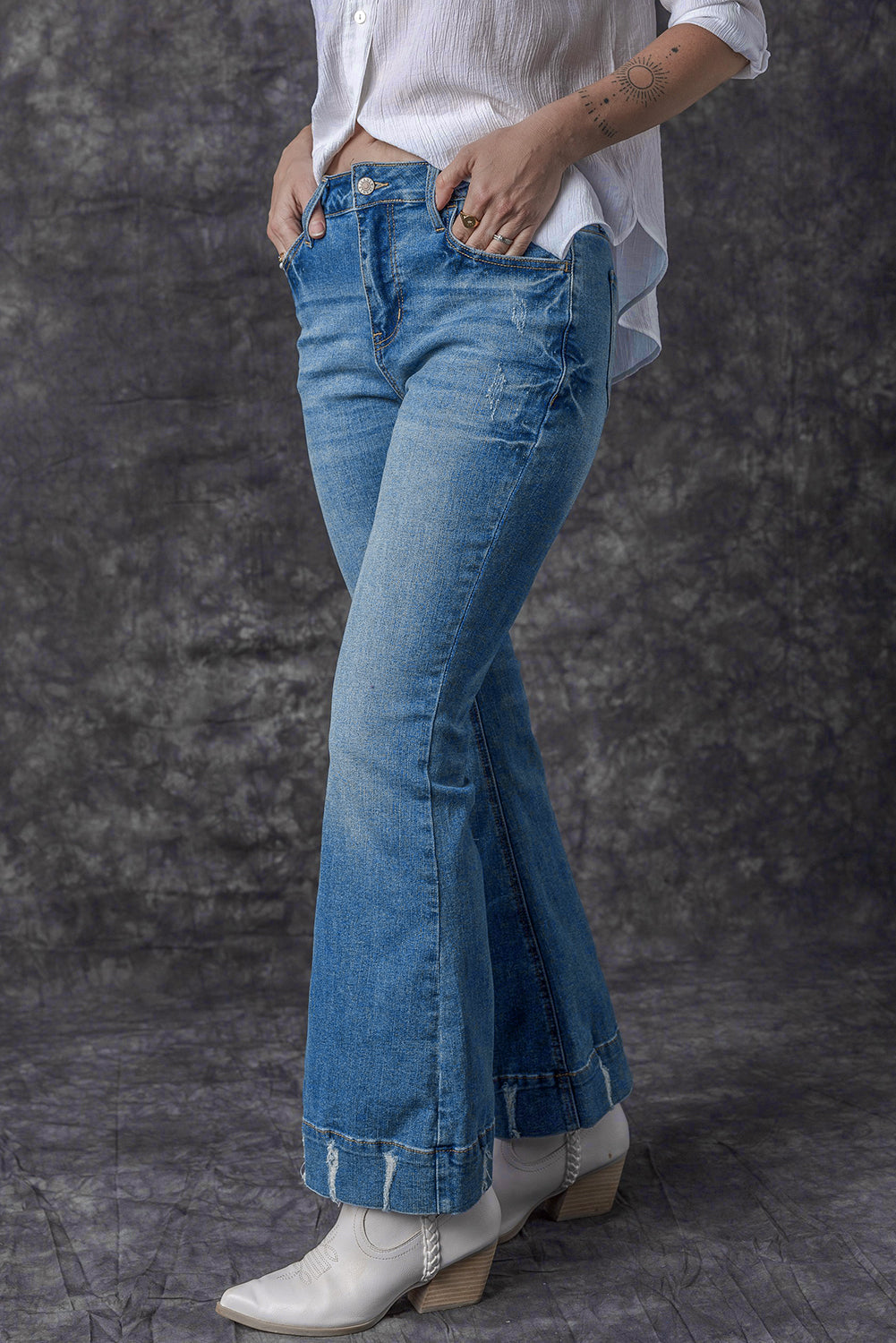 Women's Flare Jeans with Slight Distressed Wash