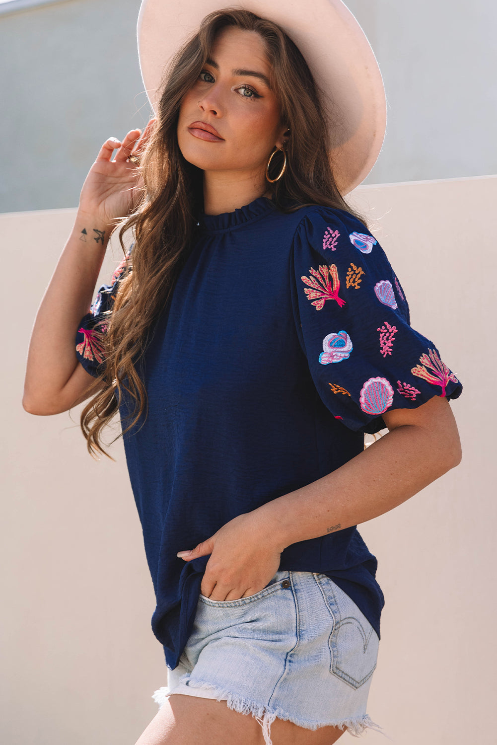Sail Blue Shellfish Coral Embroidery Frilled Neck Blouse