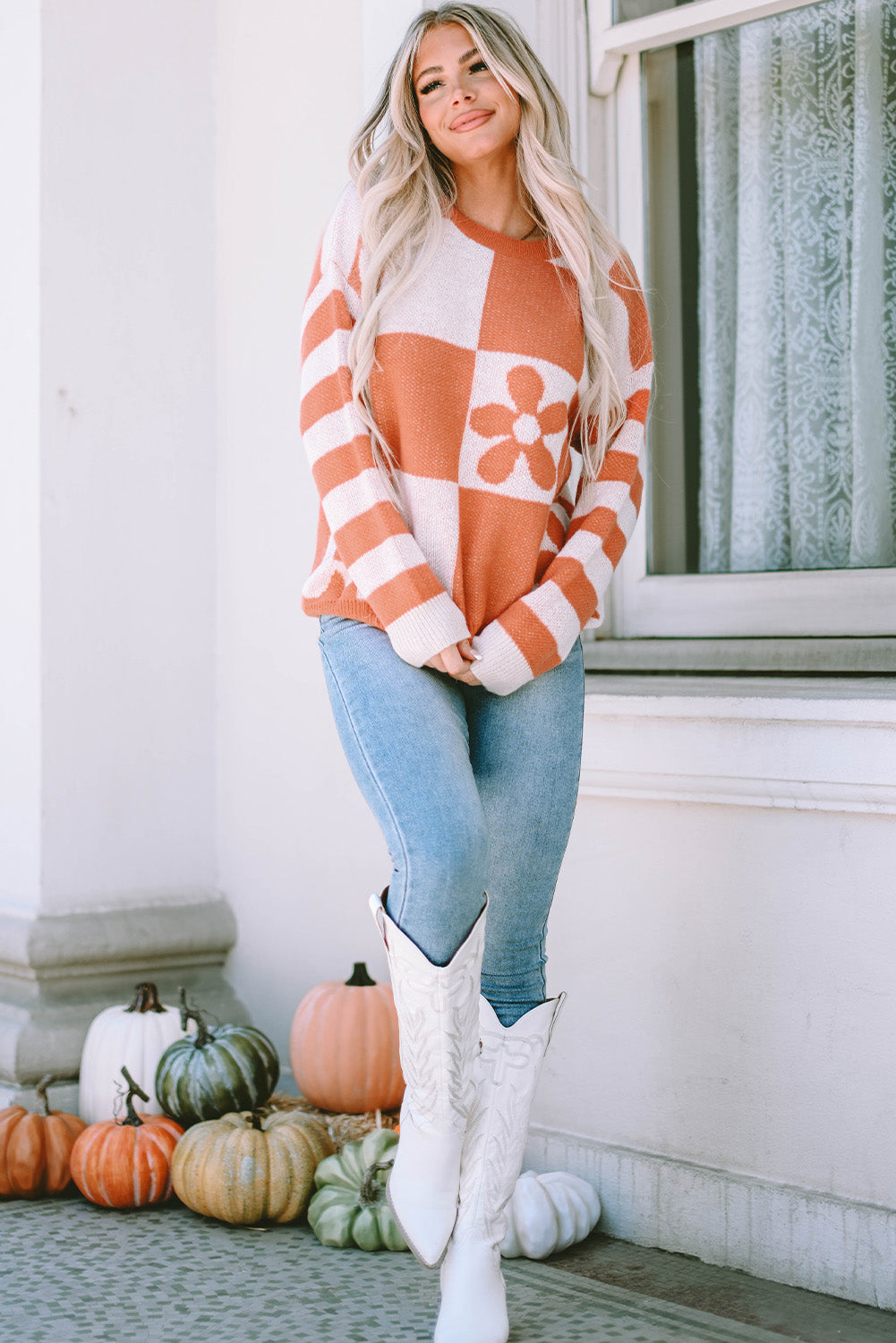 Women's Sweater Featuring Checked Floral-Print Print Striped