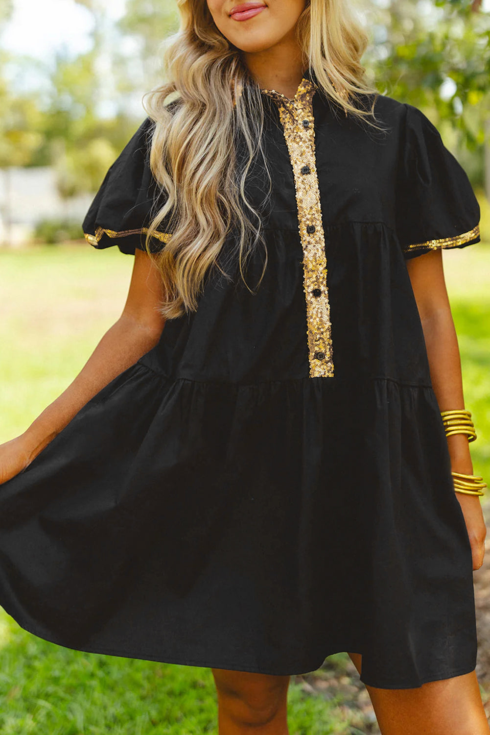Women's Bubble Sleeve Sequin Trim Shirt Dress