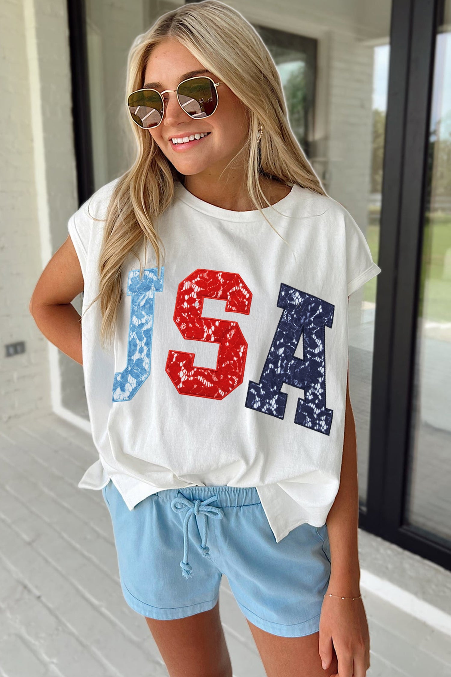 USA Printed Colorblock Letter Dolman Tee in White