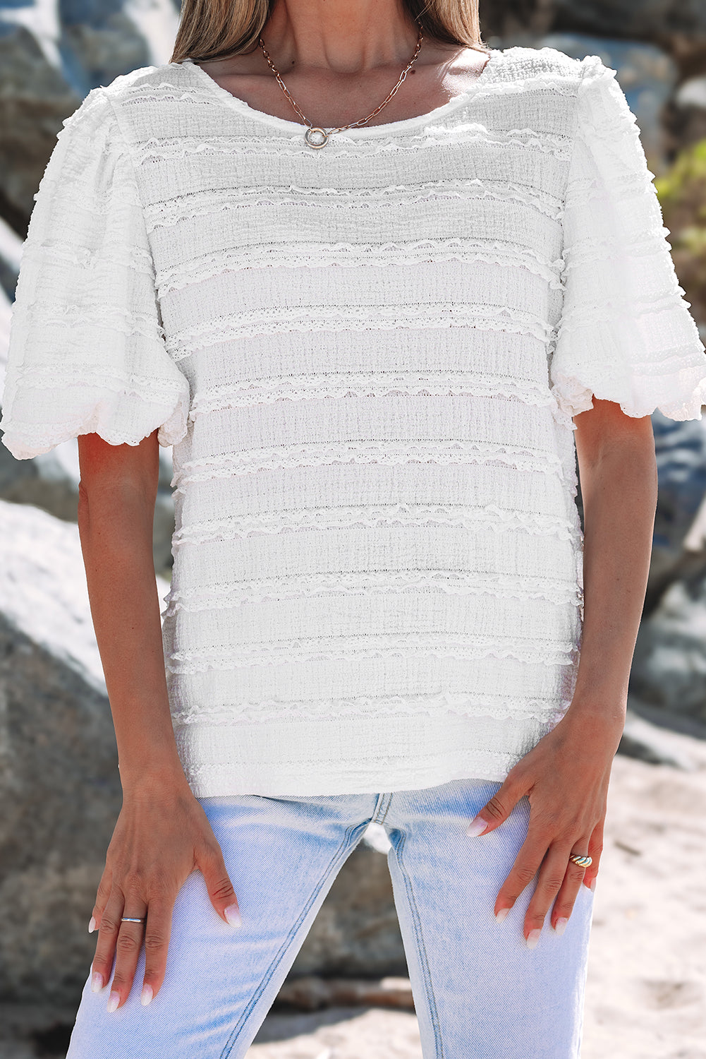 Frilled Lace Trim Bubble Sleeve Blouse
