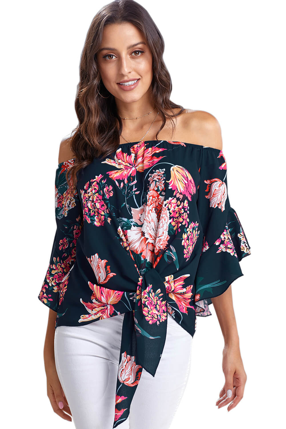 Women's Floral-Print Tie Front High Low Chiffon Navy Off Shoulder Blouse