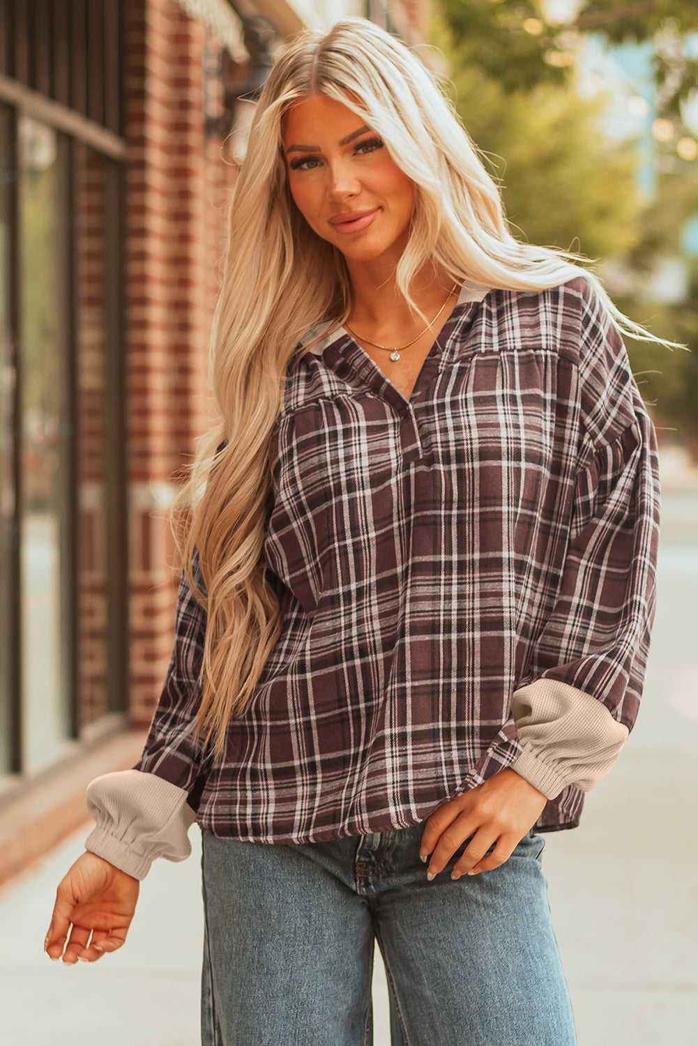 Long-Sleeved Plaid Patchwork Button Hooded Blouse