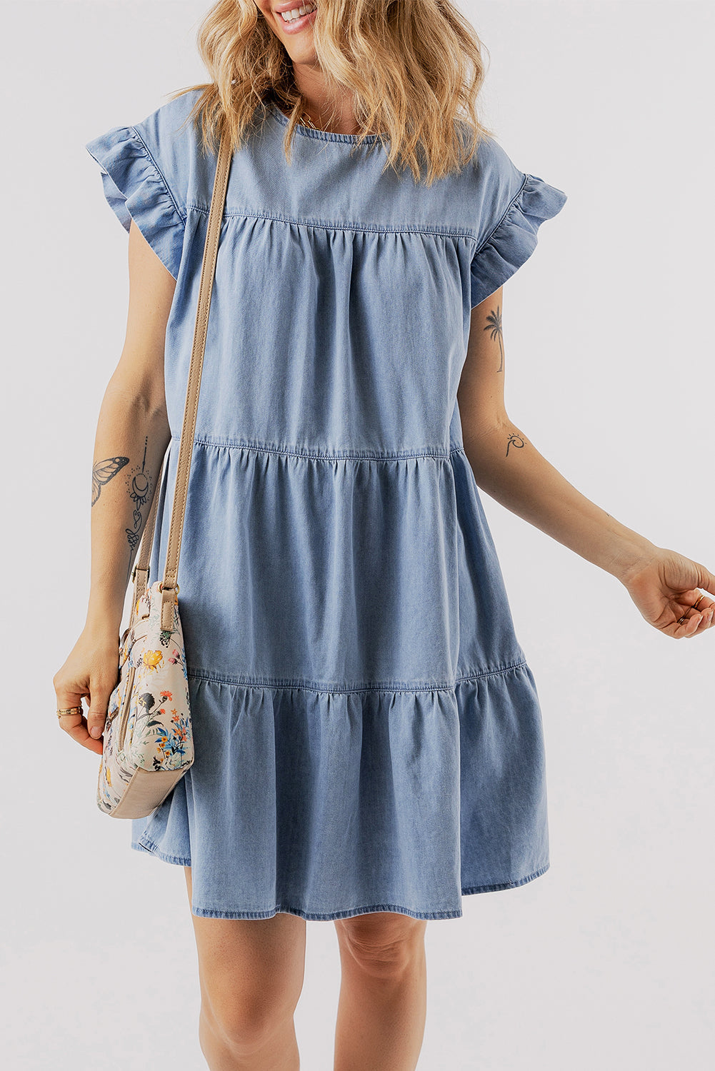 Women's Dress Featuring Ruffle-Trimmed Layered A-line Denim