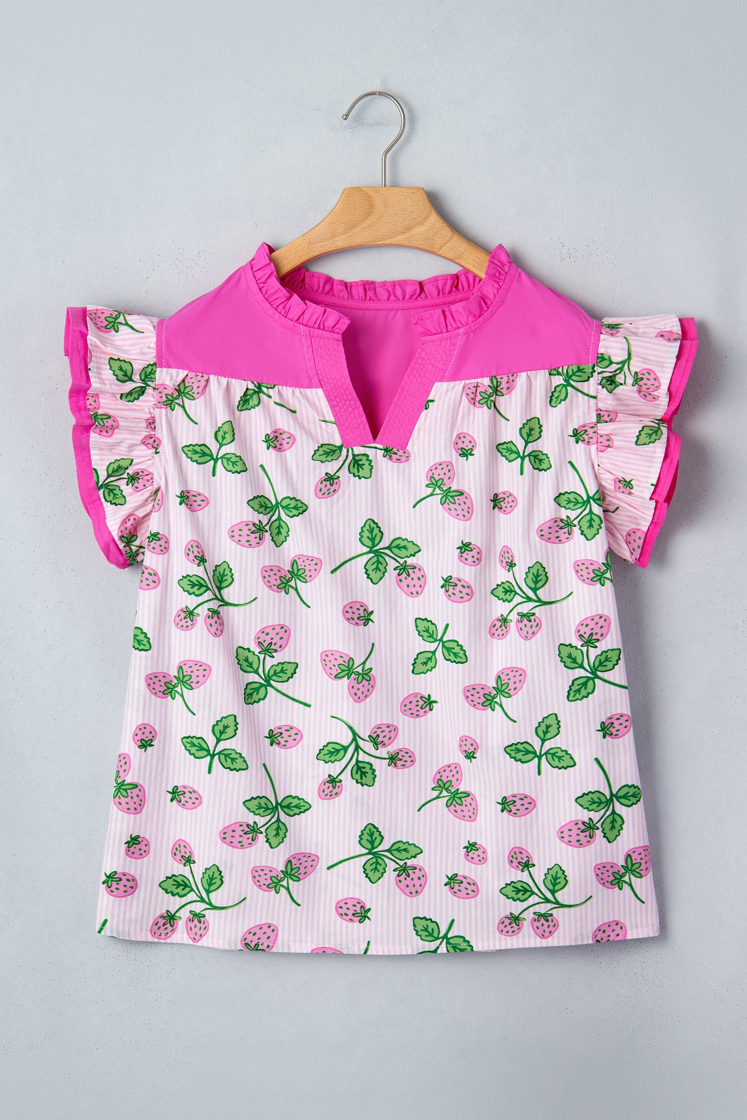 Printed Striped Strawberry Colorblock Patchwork V-Neck Flutter Sleeve Blouse
