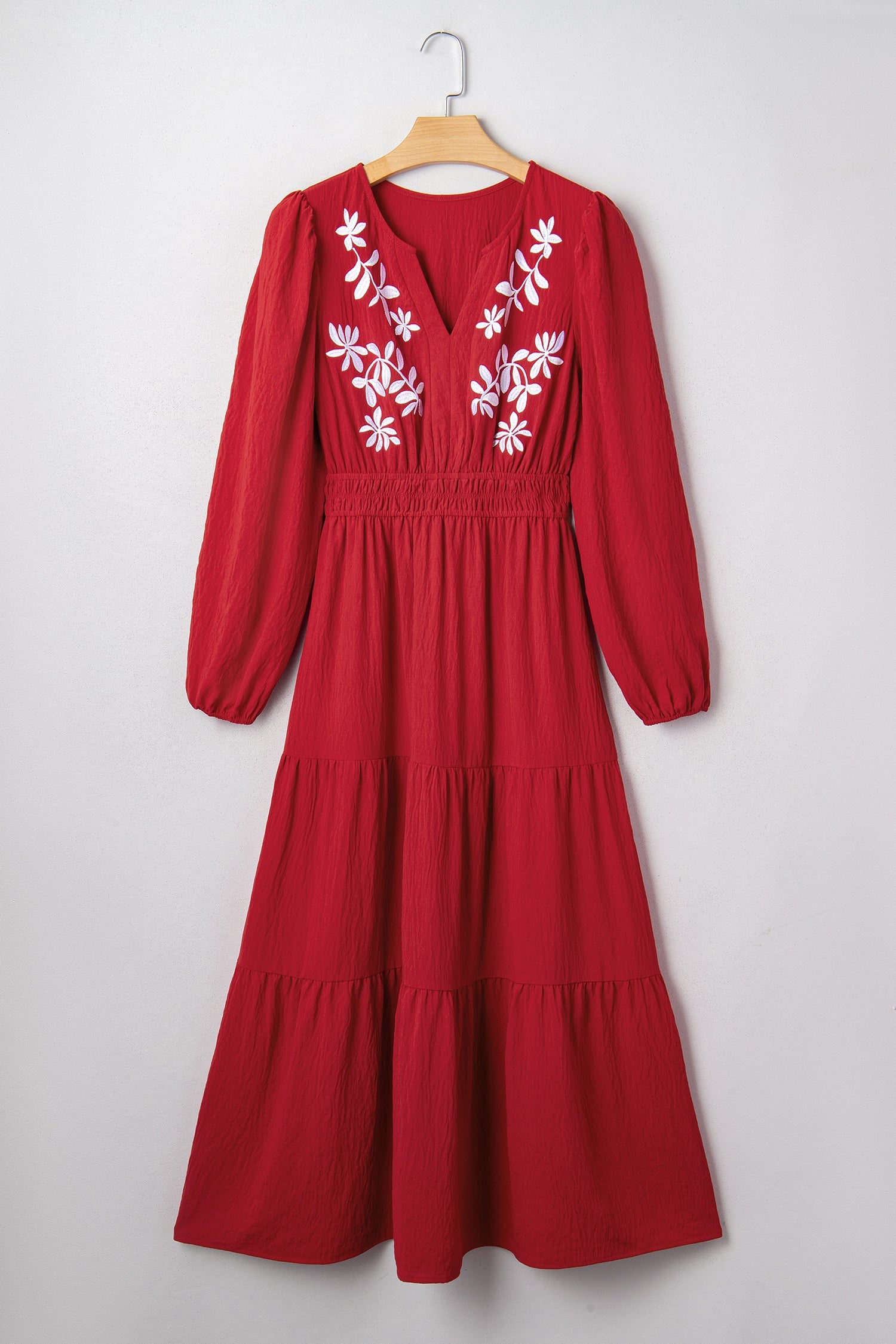 Detail Cinched Embroidered Cinched Waist Tiered Long-Sleeved Maxi Dress in Red