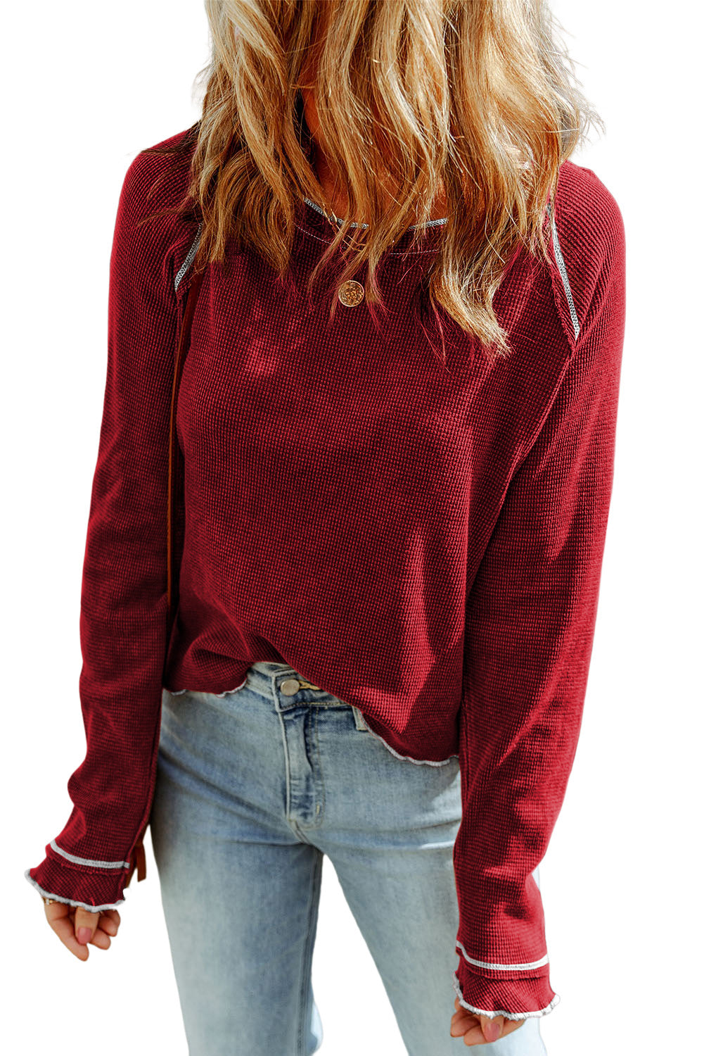 Women's Long-Sleeve Textured Round Neck Top