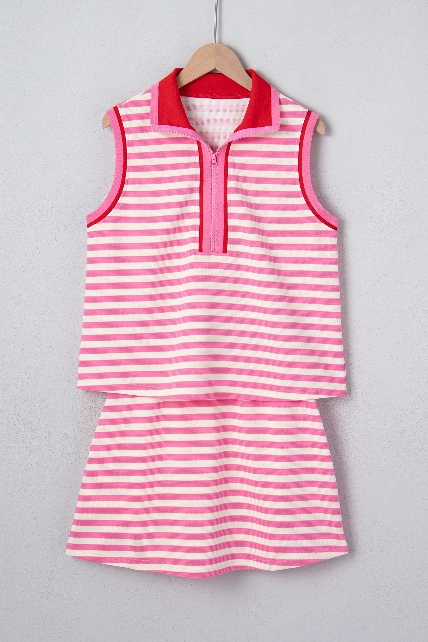 Textured Sachet Pink Stripe Print Contrast Trim Zip Collar Sleeveless 2pcs Skort Set