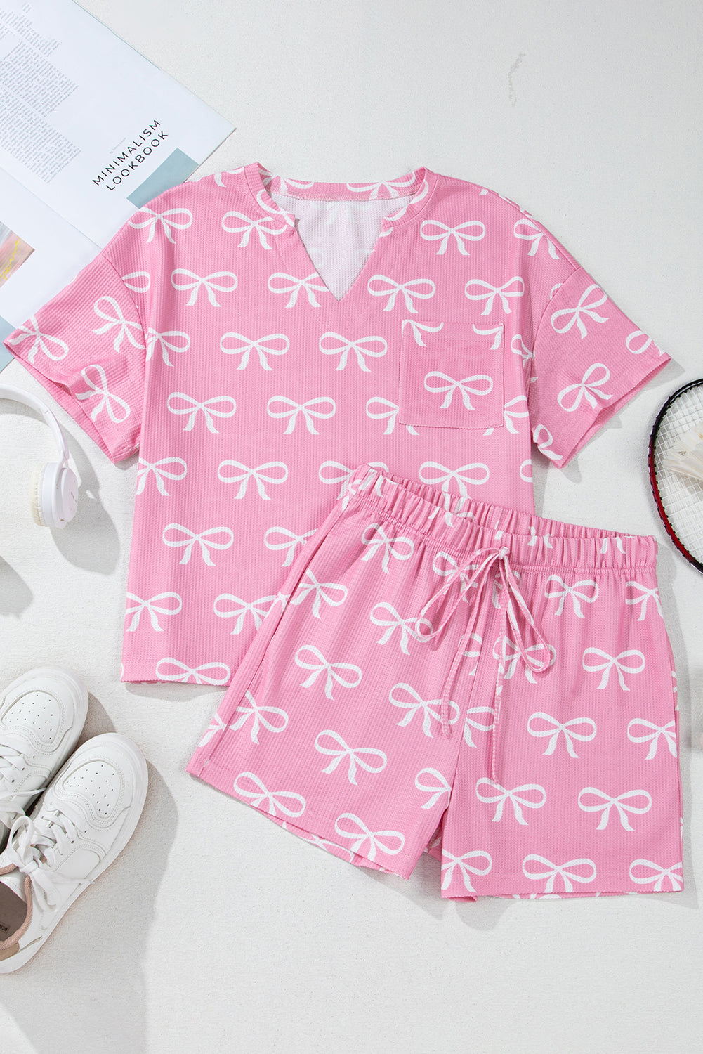 Waffle Printed Knit Bowknot V-Neck T Shirt and Shorts Set