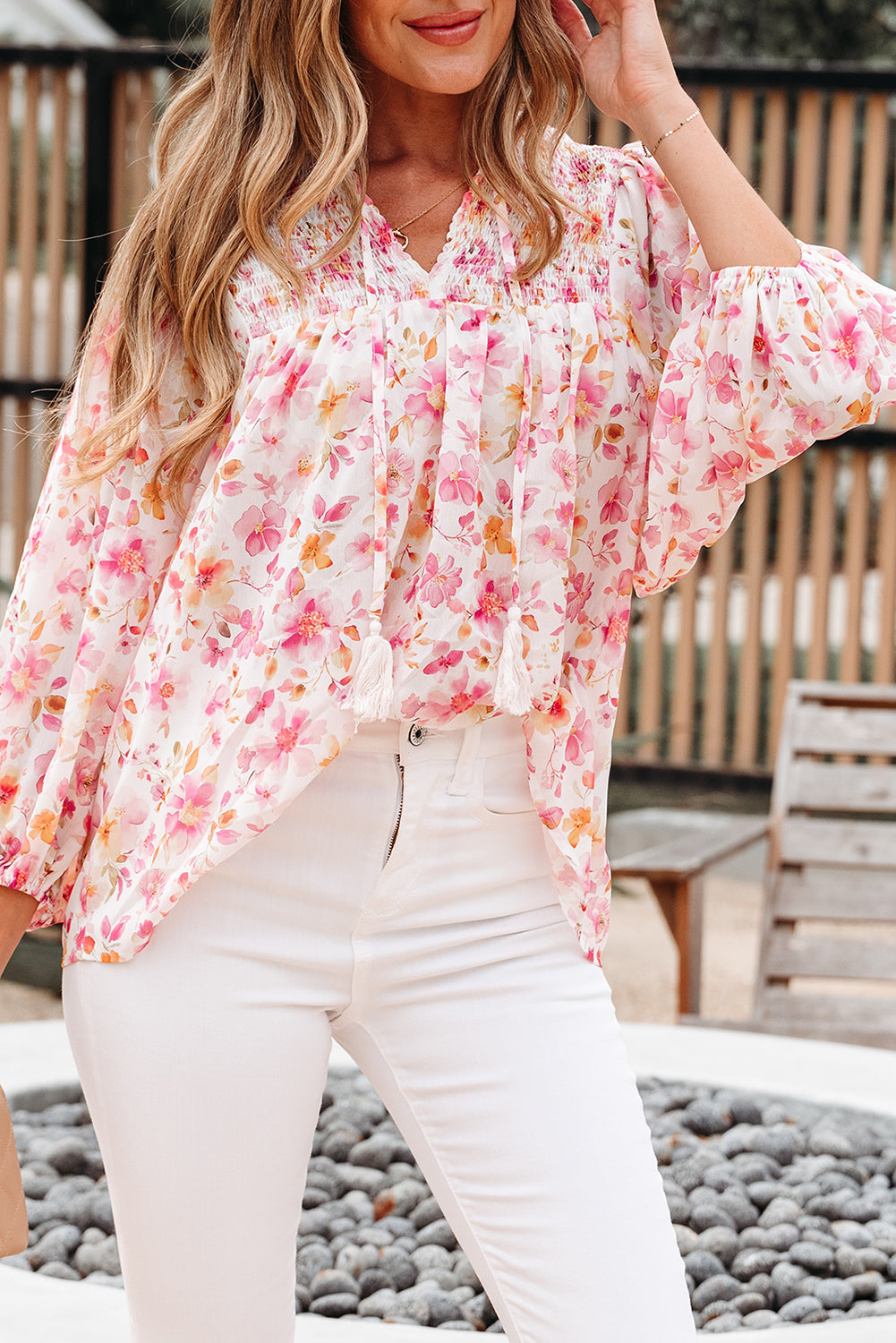 Floral-Print Smocked Tassel Tie V-Neck Puff Sleeve Tunic Blouse