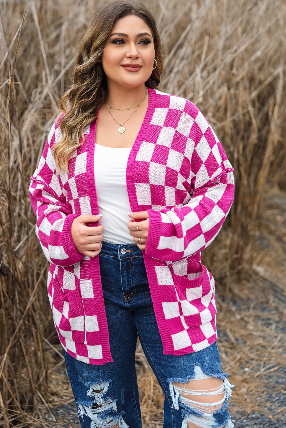 Women's Checked Pattern Plus Size Cardigan