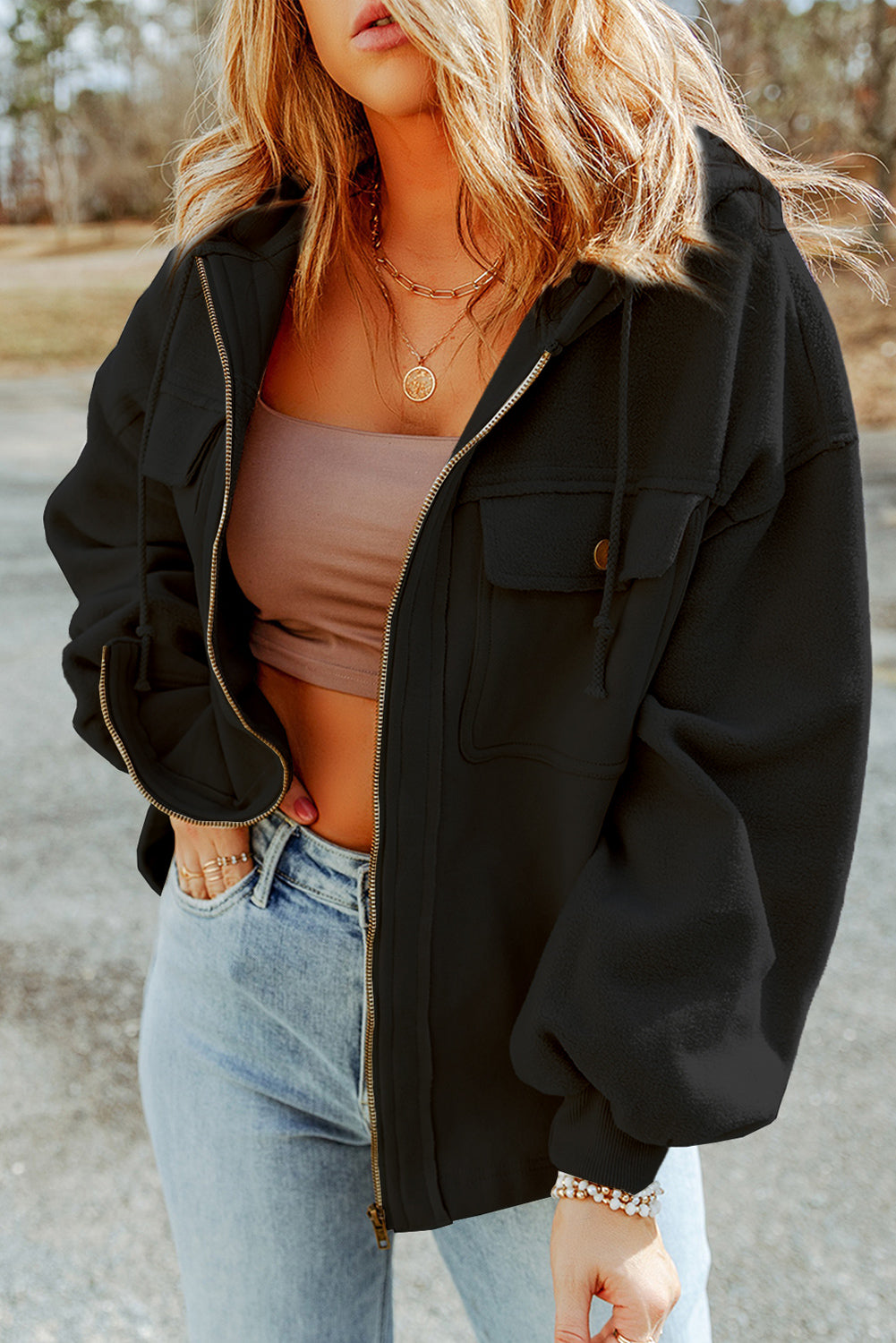 Jacket for Women Zip Up Drawcord Hood