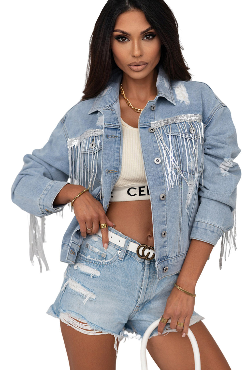 Women's Denim Jacket Featuring Fringe Distressed Sequin Embellished