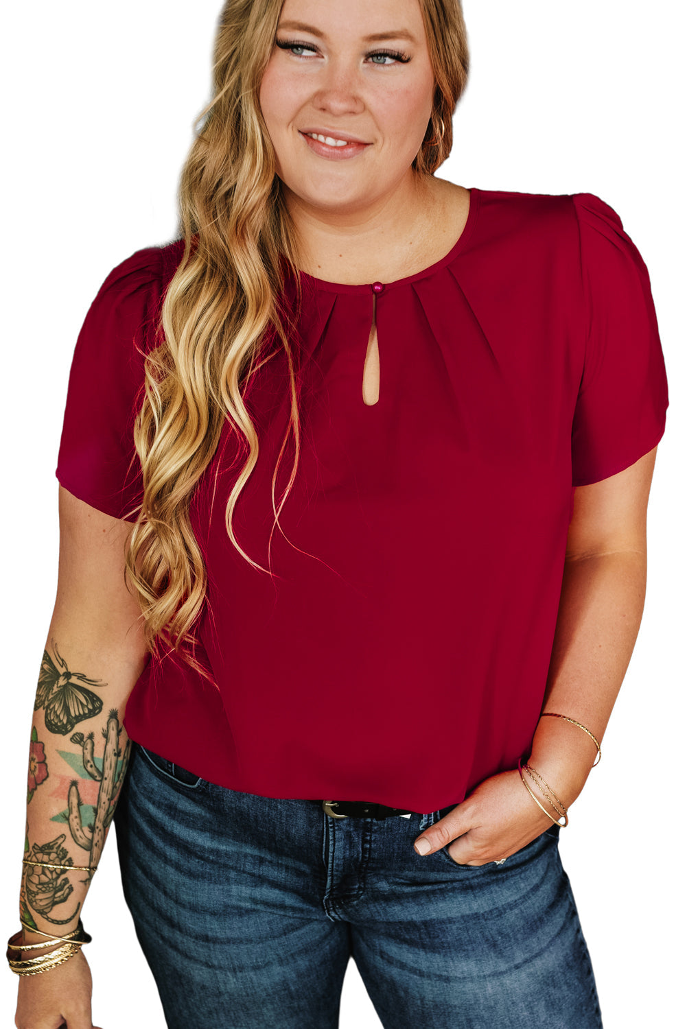 Women's T Shirt Featuring Pleat-Detail Crew Neck Plus Size
