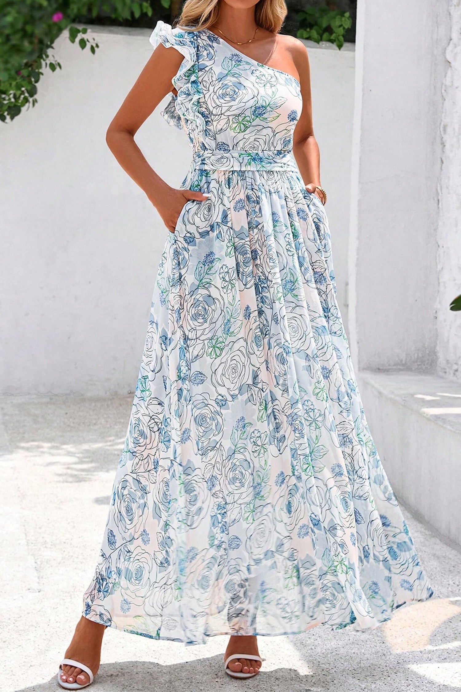 Floral-Print Ruffled One Shoulder Vacation Maxi Dress in Sky Blue