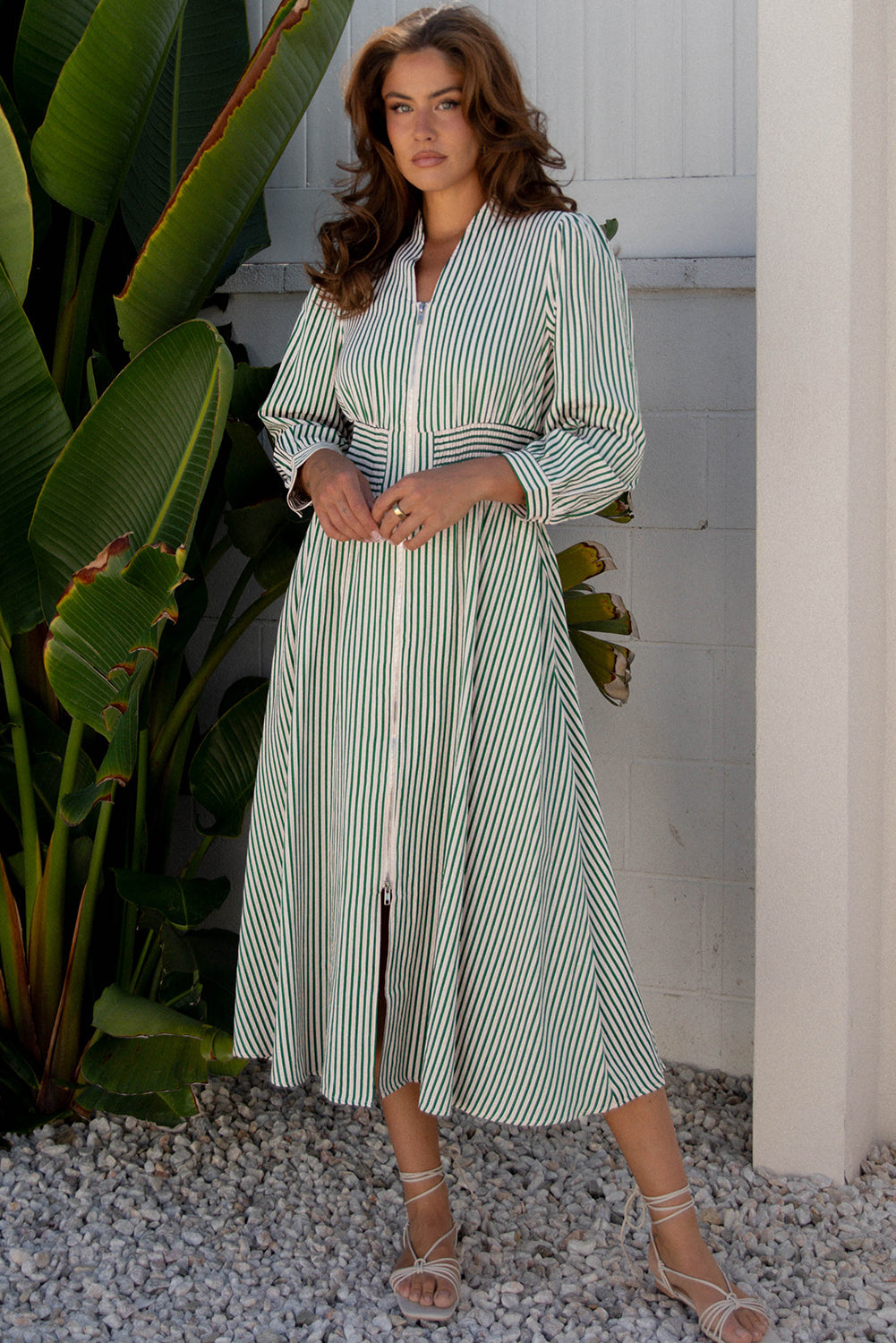 Front V-Neck Zip Cinched High-Waisted Midi Dress
