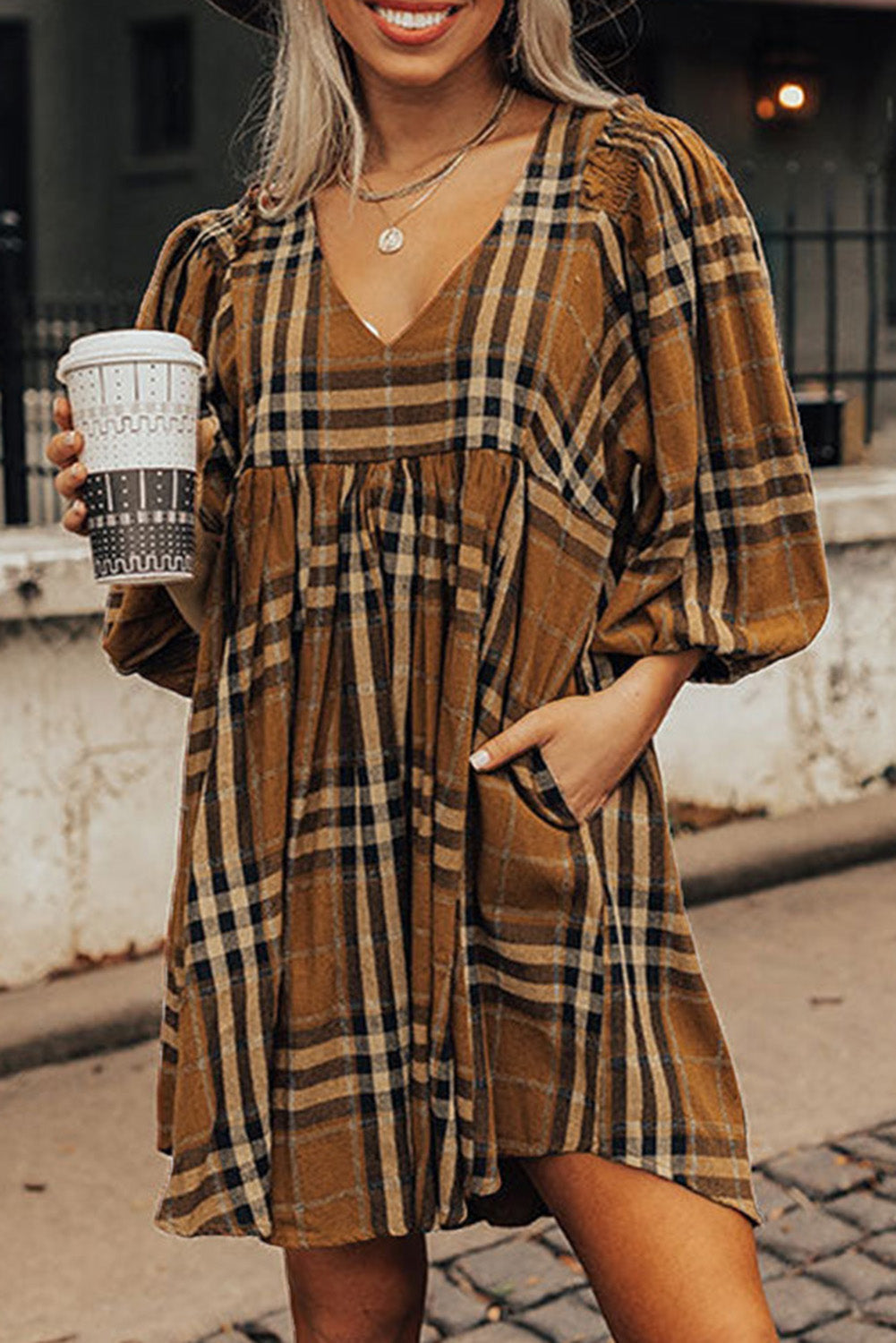 Women's Dress with Babydoll Plaid Pattern Empire-Waist