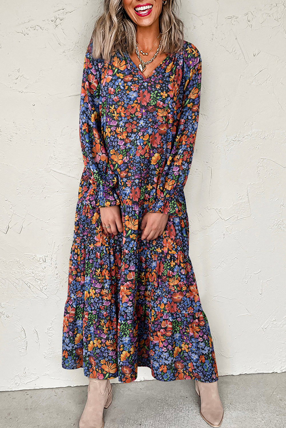 Floral-Print V-Neck Tassel Tie Long-Sleeved Flowy Long Dress