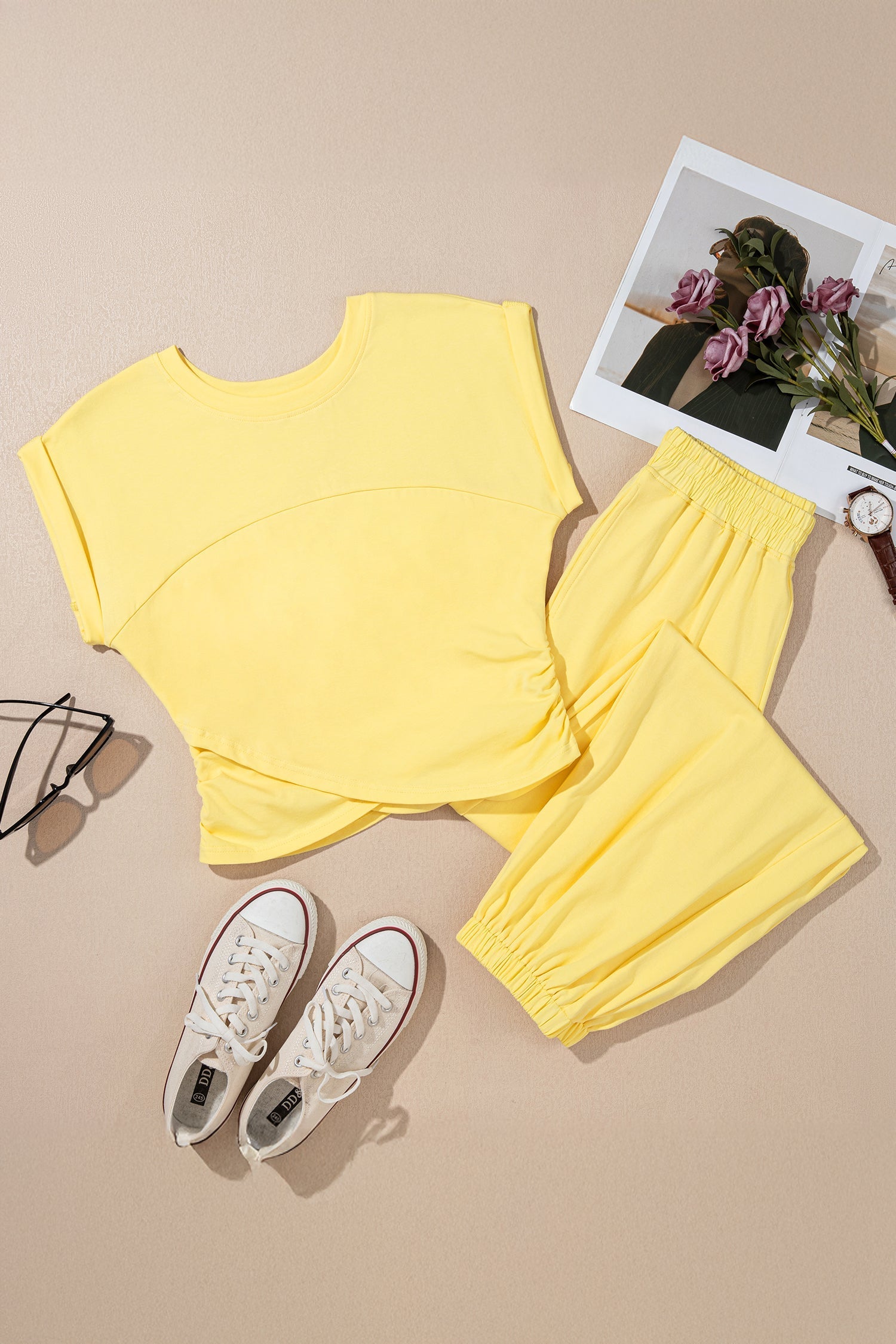 Solid Cropped Cream Cropped Tank Top and Jogger Pants Set in Yellow