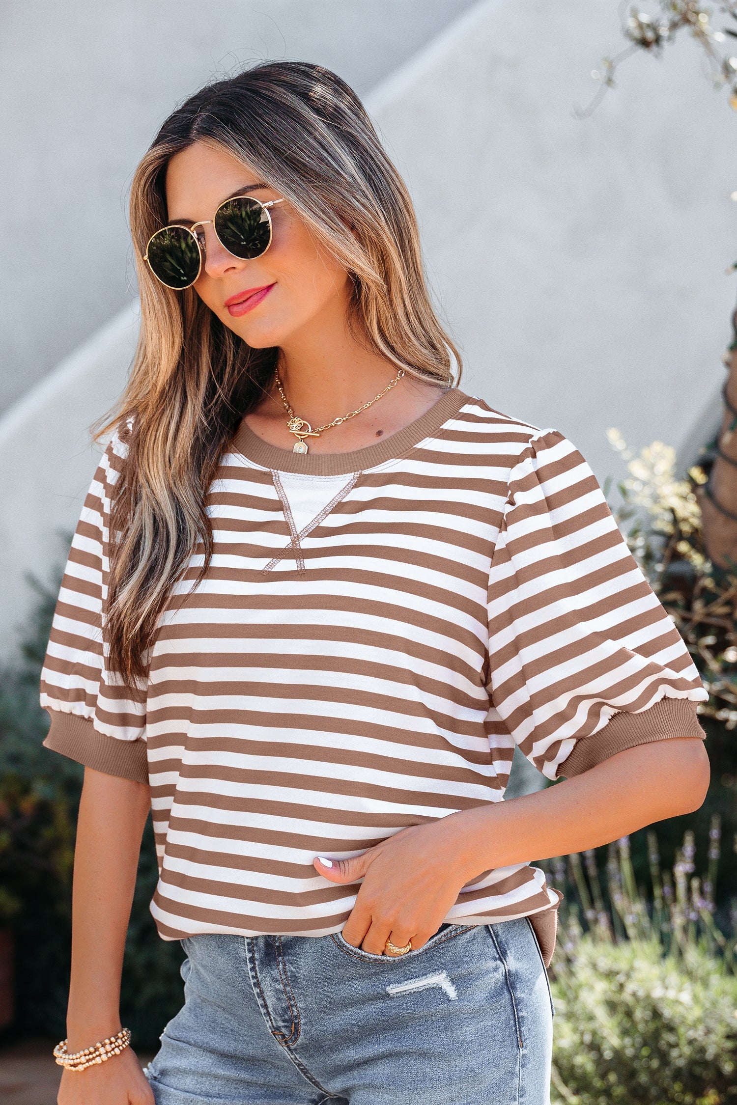 Bubble Stripe Short Sleeve T Shirt in Khaki