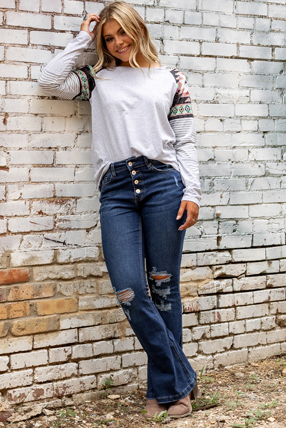 Women's Jeans with Distressed Flare Bottom Washed