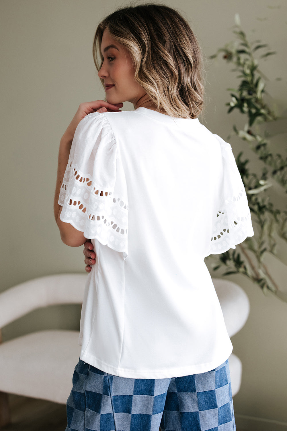 White Hollow Out Embroidered Short Sleeve Top
