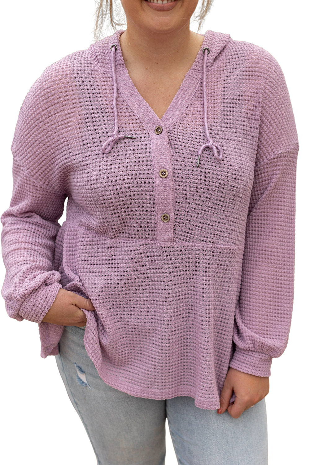 Women's Knit Top Featuring Hooded Waffle Plus Size