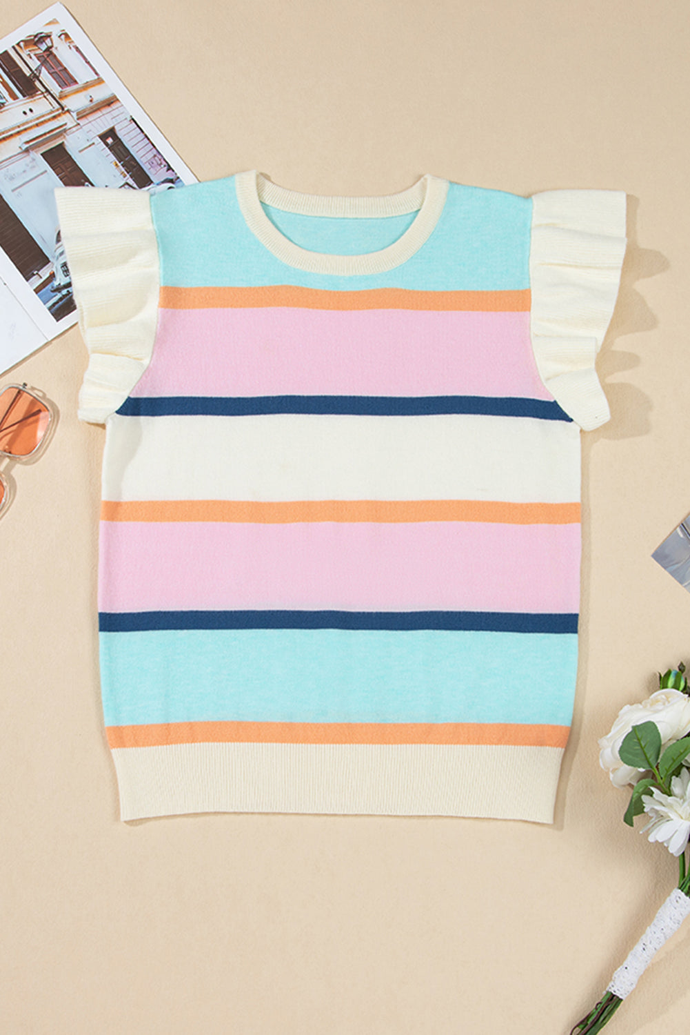 Flutter Striped Colorblock Sleeve Patchwork Knit Top Top