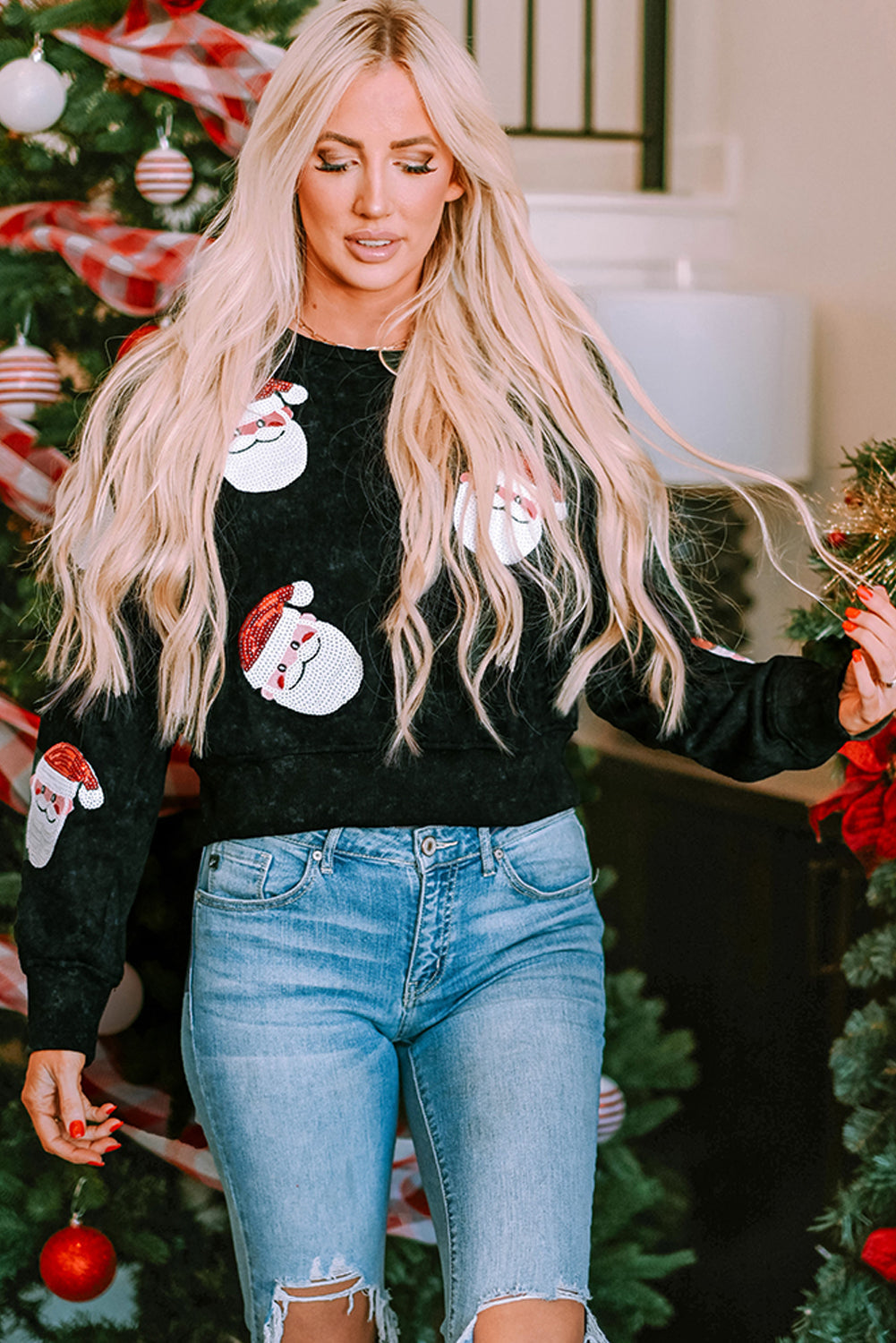 Women's Santa Claus Graphic-Print Cutout Sweatshirt