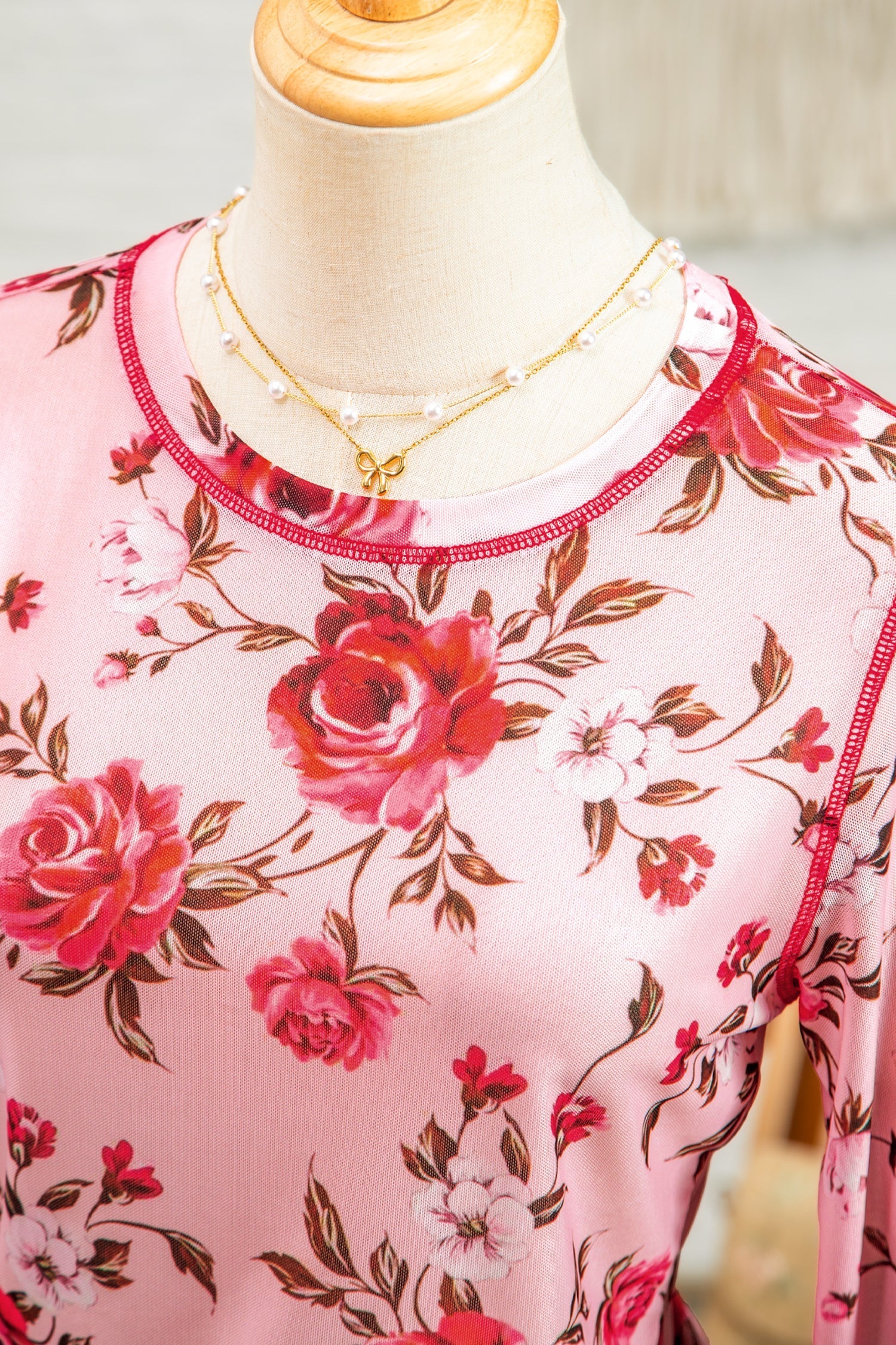 Floral-Print Detail Exposed Seam Mesh Long-Sleeved Top in Pink