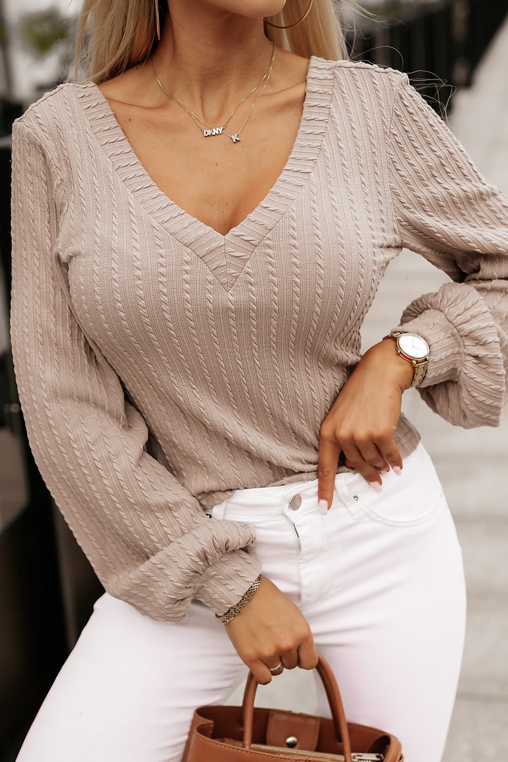 Women's Top with Jacquard Lantern Sleeve Knitted