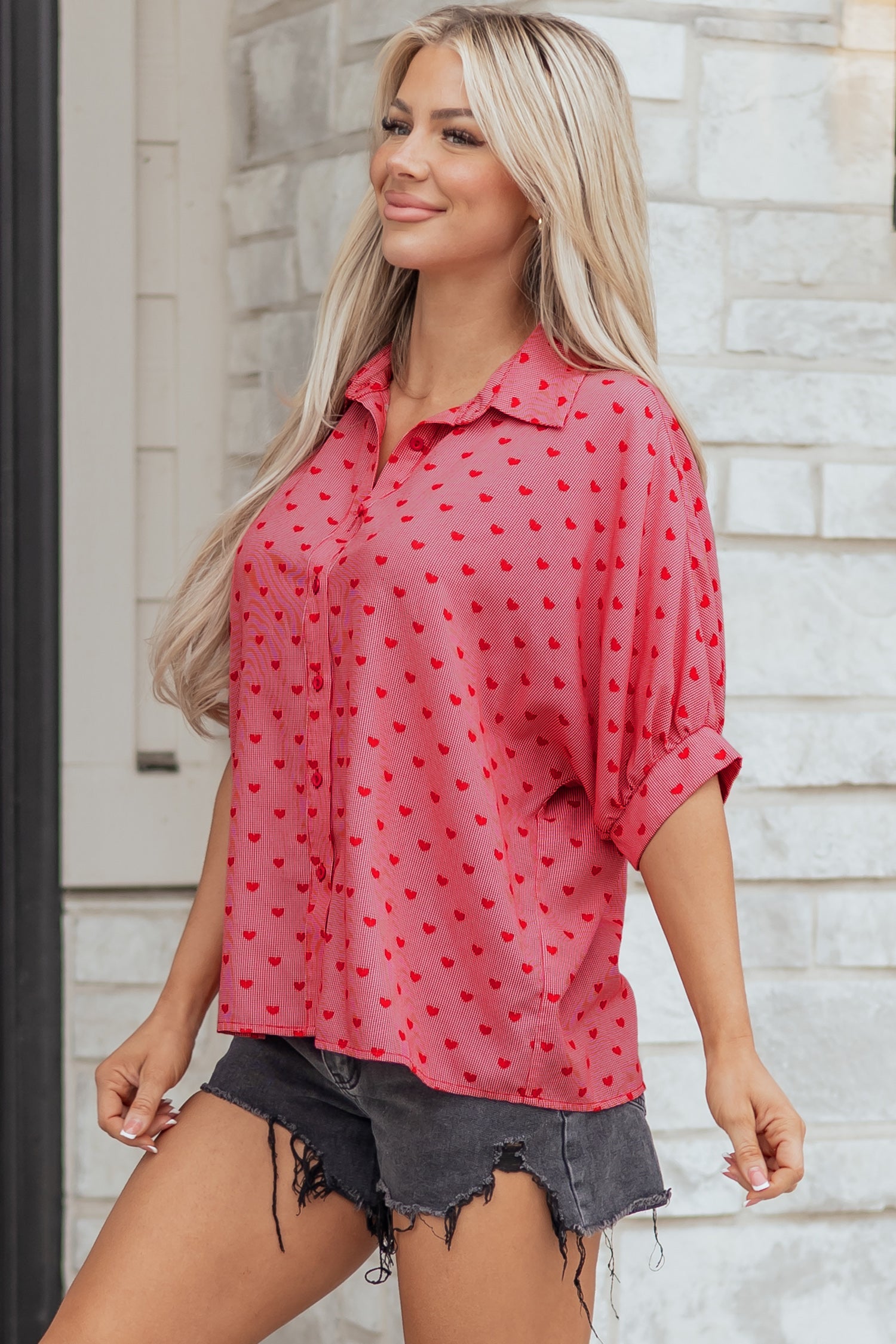 Shape Print Heart Print Half Sleeve Loose Valentine Shirt