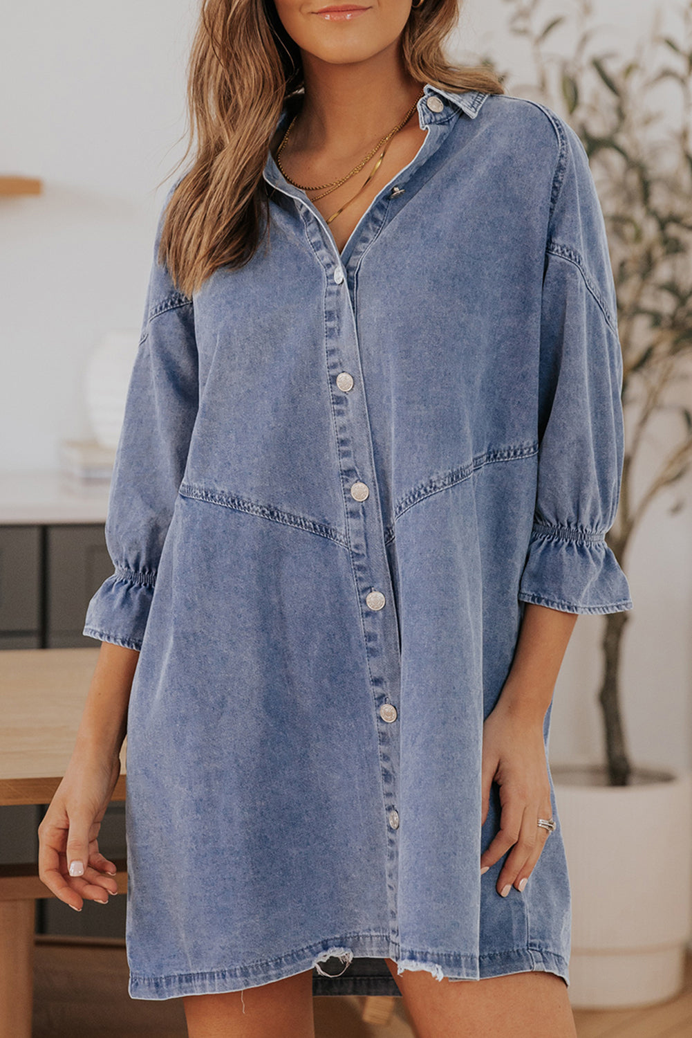 Women's Button-Front Long-Sleeve Denim Mini Dress
