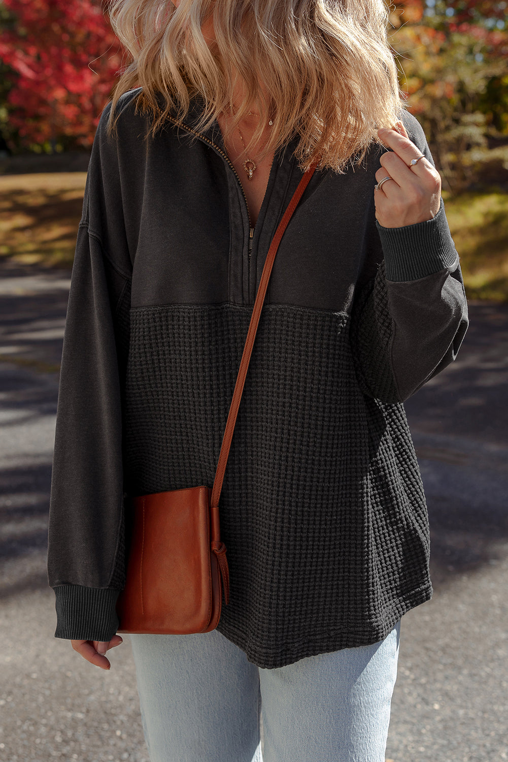 Waffle Half Knit Patchwork Zip Everyday Sweatshirt