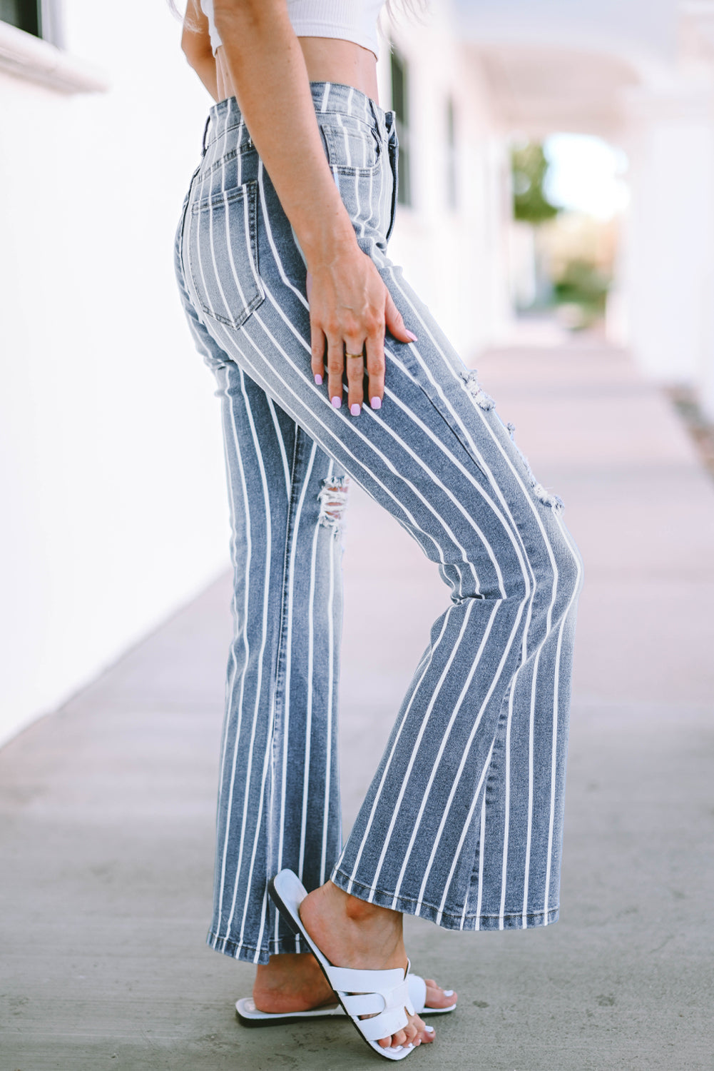 Women's Flare Jeans Featuring Vertical Striped Ripped