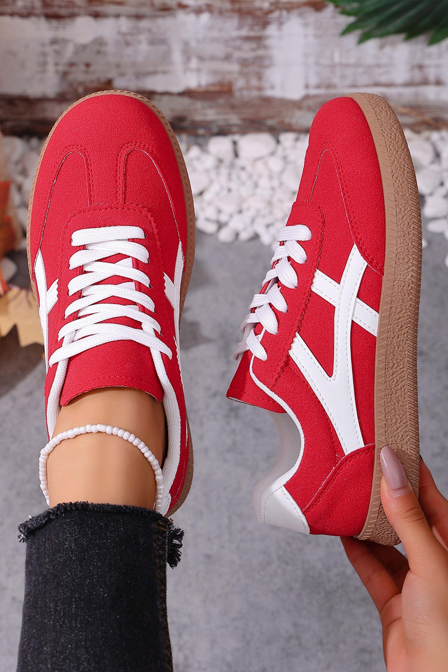 Contrast Faux Suede Patchwork Detail Lace Up Flat Sneakers in Red