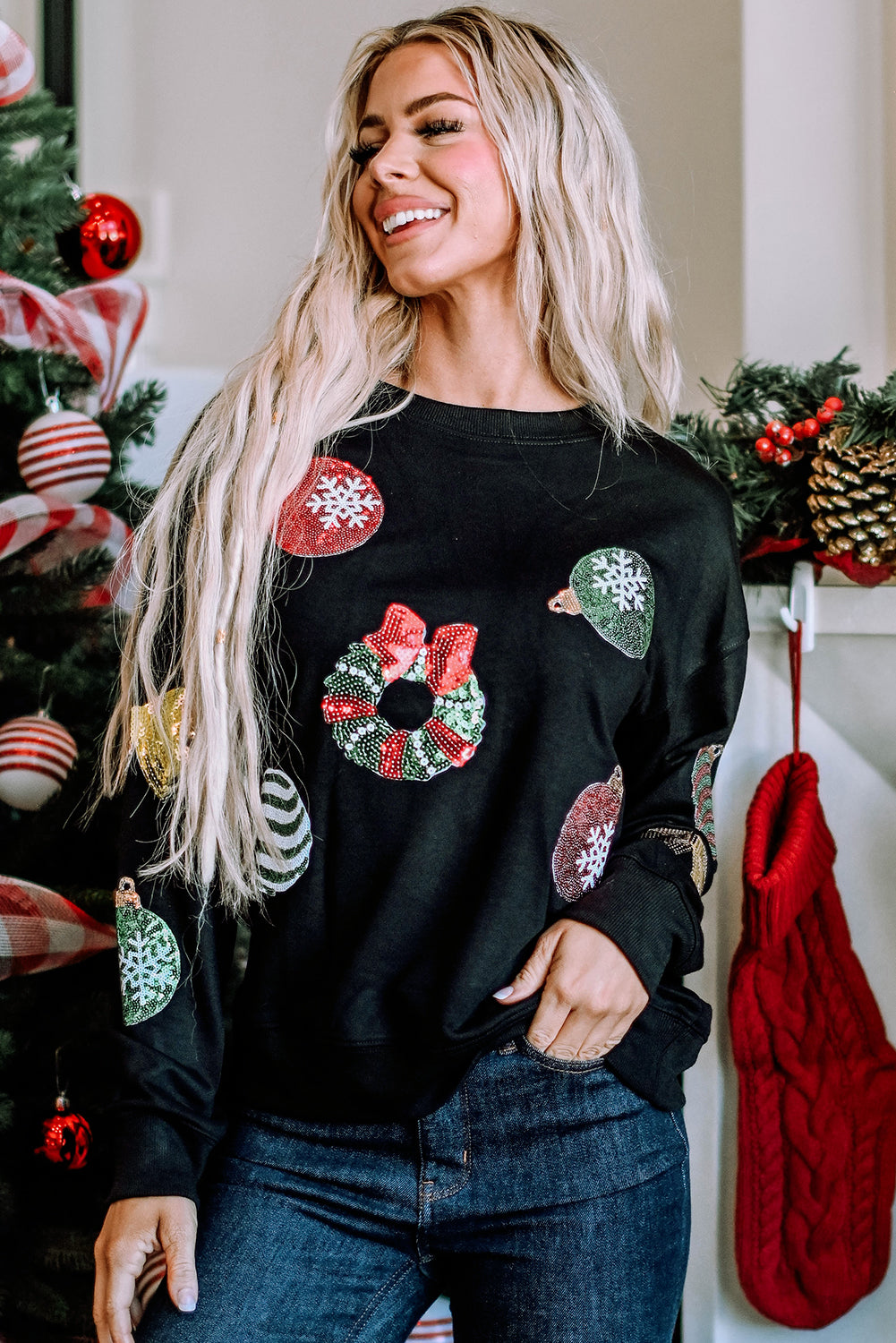 Women's Pullover Sweatshirt Featuring Sequined Christmas Graphic-Print