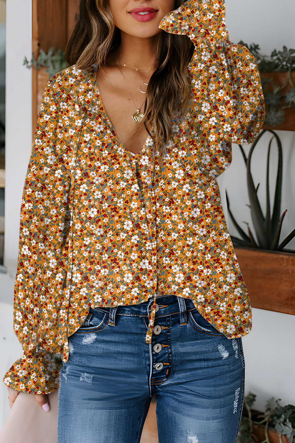 Ruffled Boho Floral Bubble Sleeve V-Neck Fall Blouse