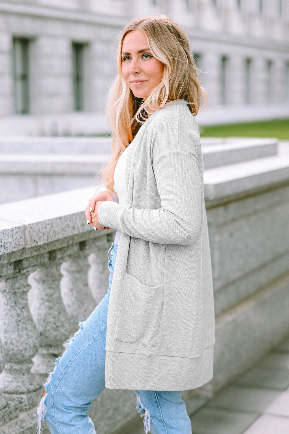 Women's Knit Cardigan with Thermal Waffle