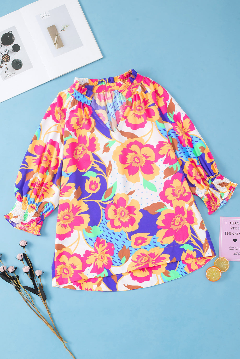 Women's Blouse with Floral-Print Split Neck Frill-Trimmed