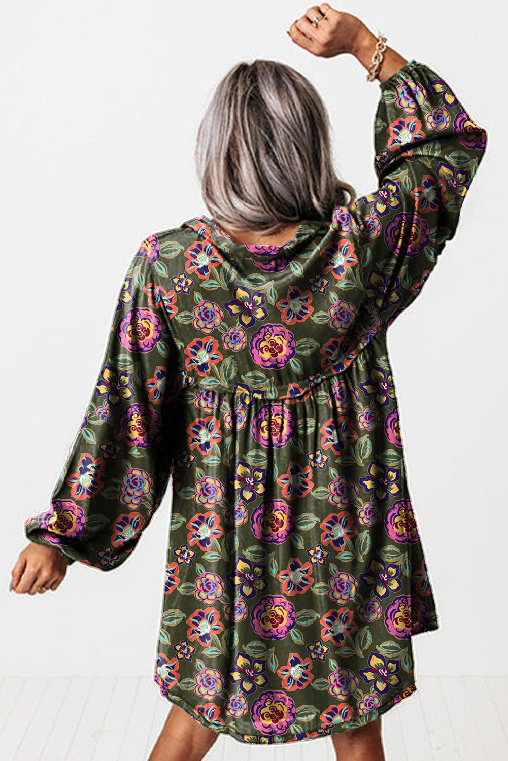Floral-Print Split Neck Bubble Sleeve Shift Mini Dress