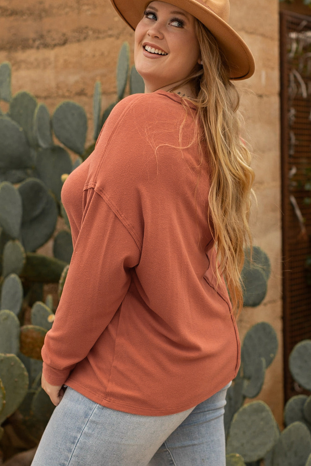 Women's Top with Plus Size V Neck Long-Sleeve