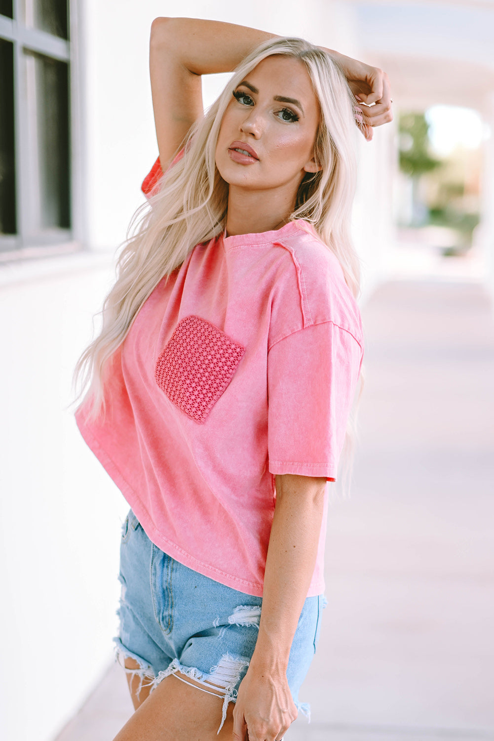 Women's T-shirt Featuring Lace-Trimmed Patch Pocket Acid Wash
