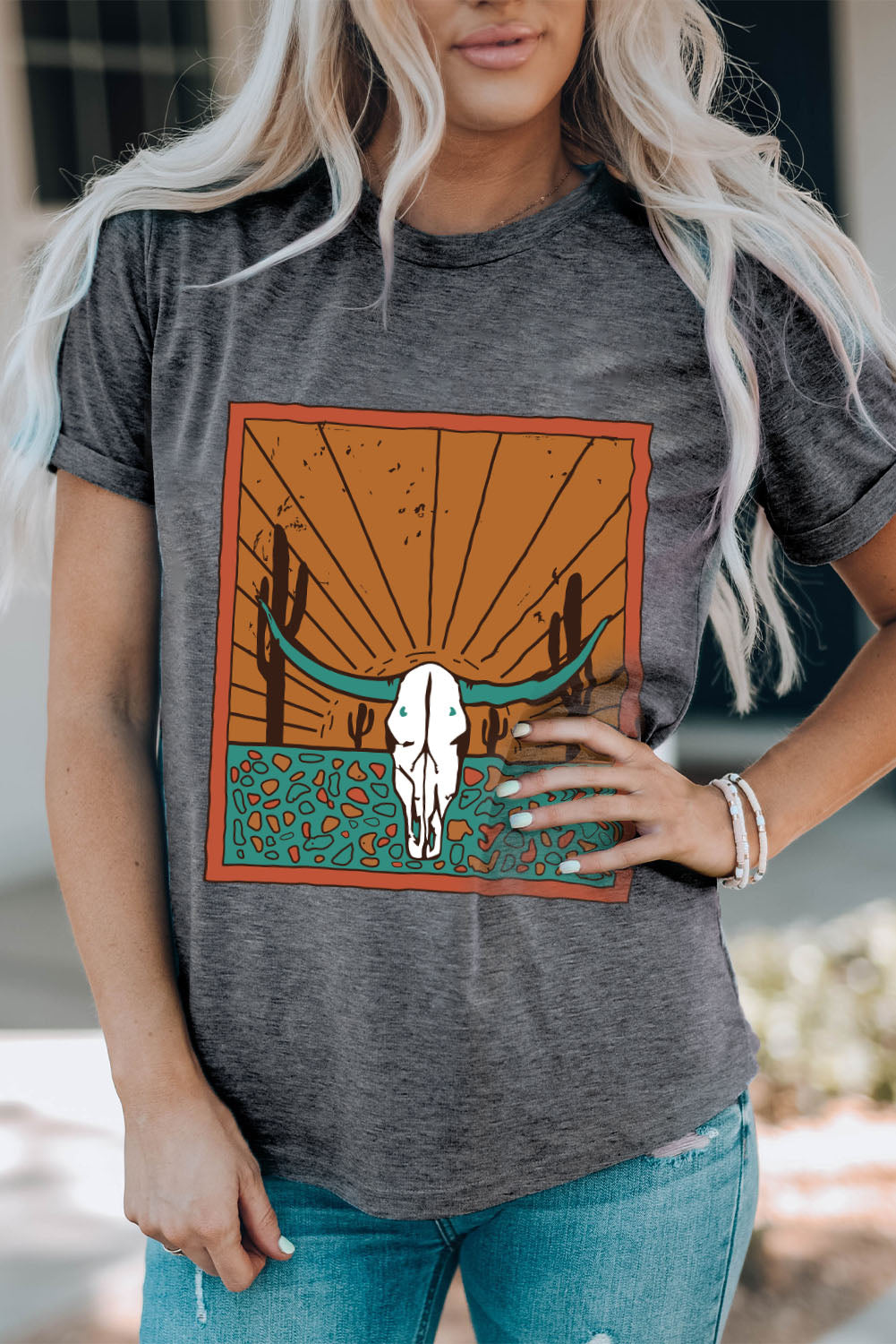 Women's Crew Neck Western Steer Skull Graphic-Print T Shirt
