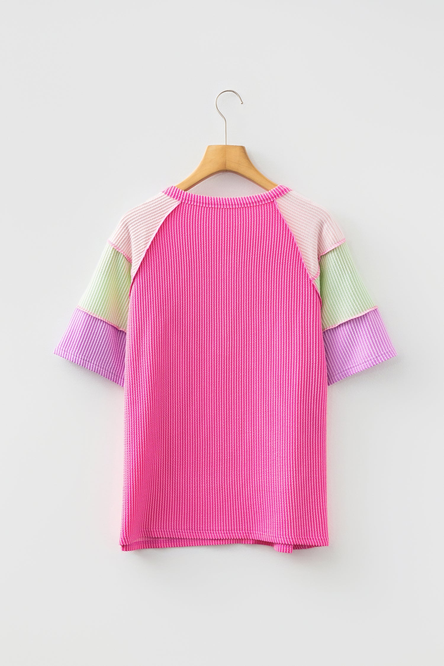 Colorblock Patchwork Henley Short-Sleeved T Shirt in Pink