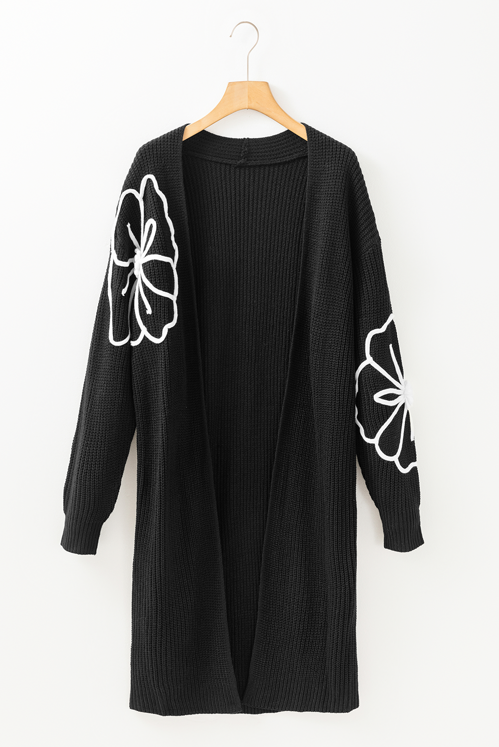 Open-Front Flower Embroidered Duster Cardigan in Black