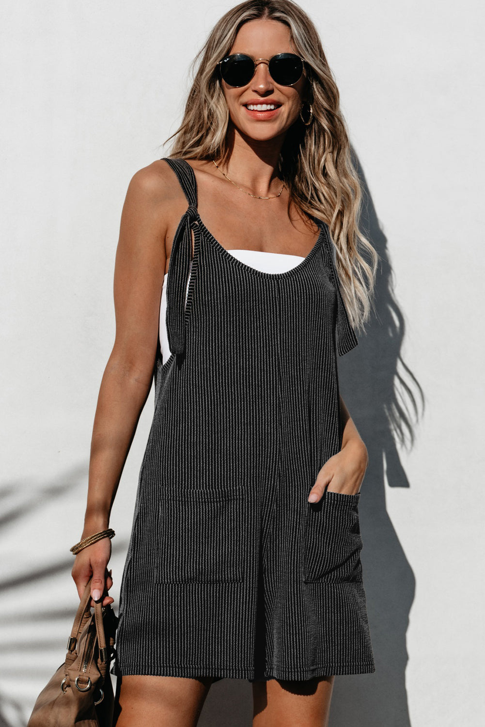 Women's Romper with Striped Knotted Straps Pocket-Detail
