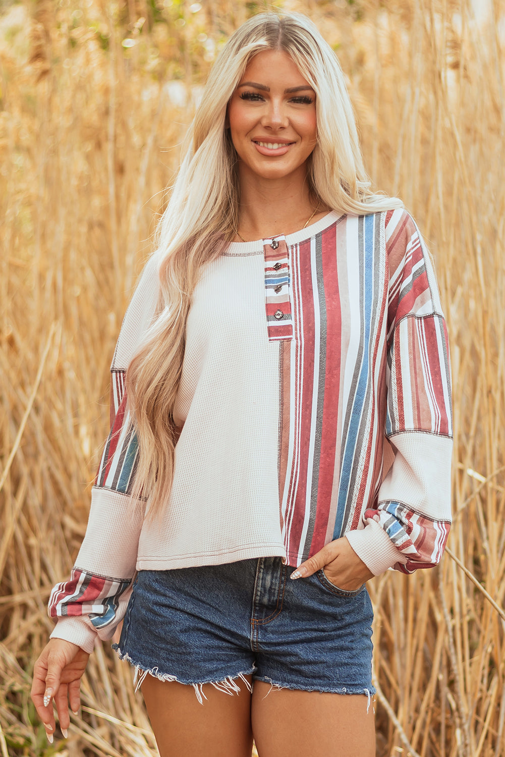 Waffle Patchwork Striped Patchwork Exposed Seam Raw Edge Everyday Knit Top