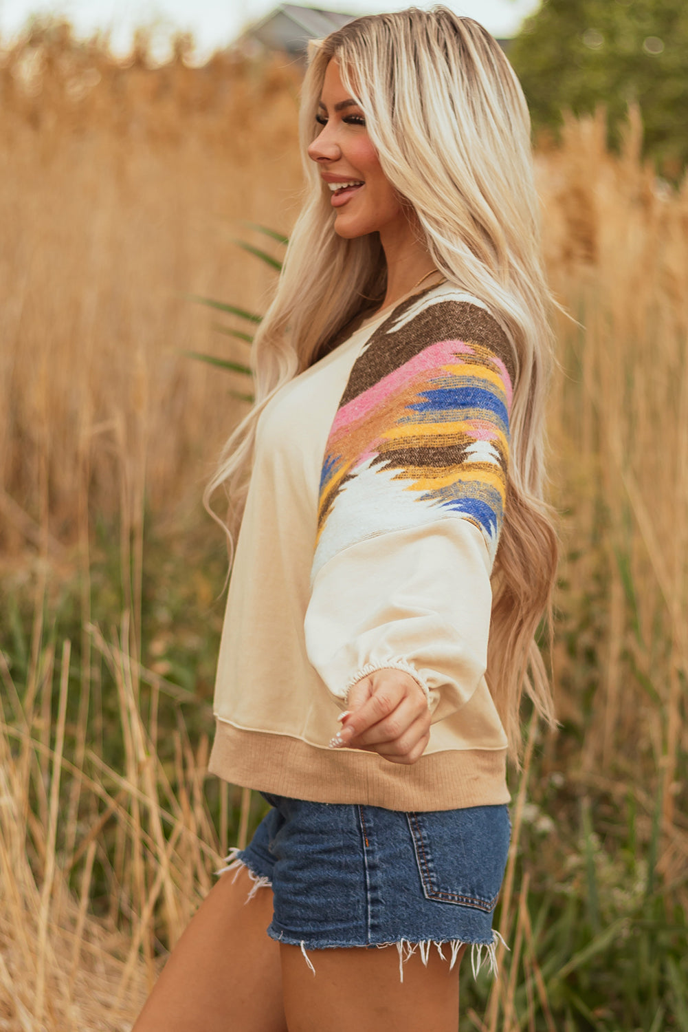 Aztec Patchwork Raglan Pullover Sweatshirt